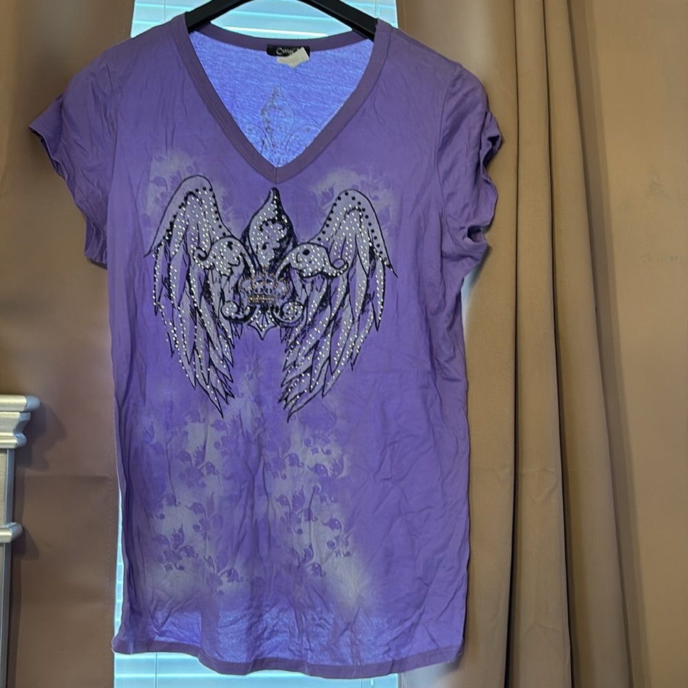 Brand New purple bling plus 1X angel wing tee